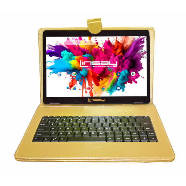 Linsay Octa Core 10.1" Tablet, 4GB RAM, 128GB Storage, Android 13, Bundled with Golden Keyboard and Stylus Pen