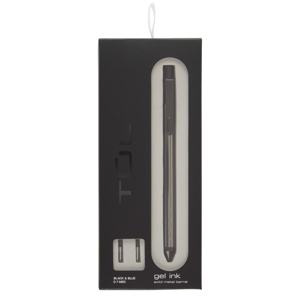 TUL Fine Writing Retractable Gel Pen with 2 Refills, Medium Point, 0.7 mm, Gunmetal Barrel, Black & Blue Inks