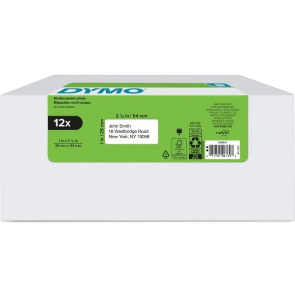 Dymo LabelWriter Multipurpose Label, 1"H x 2 1/8"W, Rectangle, Thermal, White, Black, 500 / Roll, 12 Roll