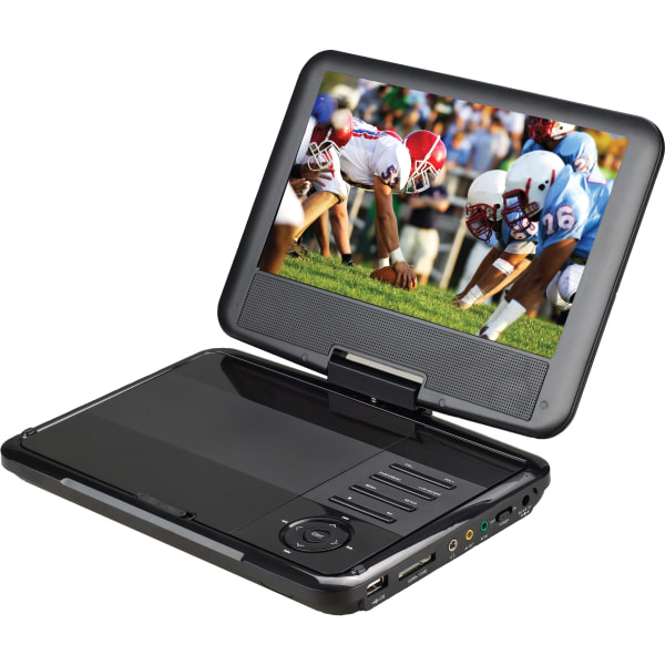Portable DVD player with a nine-inch swivel screen open on a stand