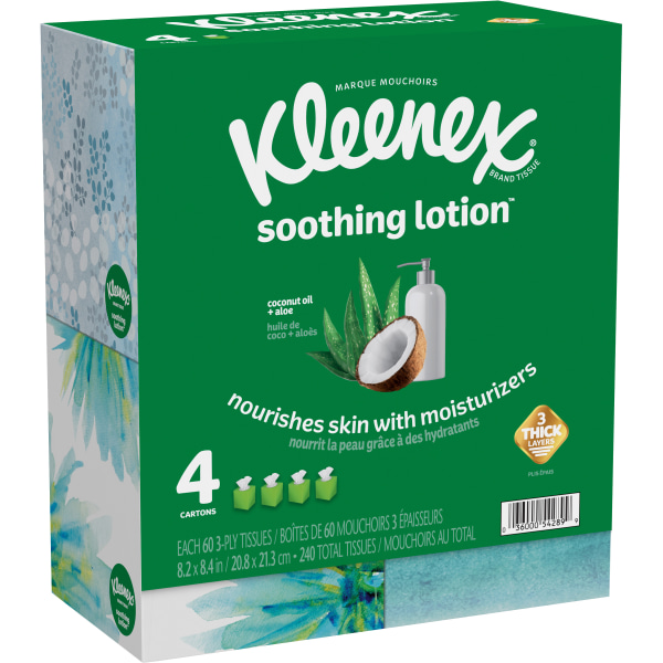 Kleenex Soothing Lotion 3Ply Tissues White 60 Tissues Per Box Case Of 4 Boxes