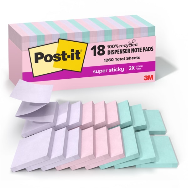 post-it® super sticky pop up notes  3 in x 3 in  18 pads  70 sheets/pad  2x the sticking power  wanderlust pastels collection