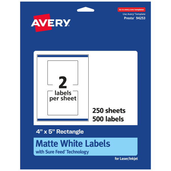 Avery® Permanent Labels With Sure Feed®, 94253-WMP250, Rectangle, 4" x 5", White, Pack Of 500