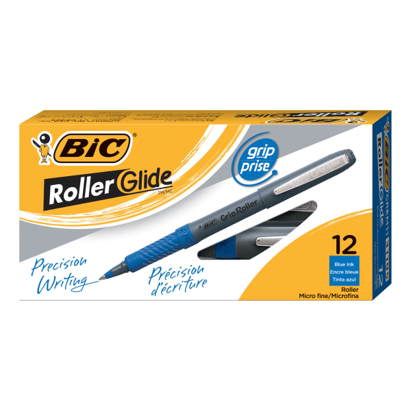 Bic grip roller pens, micro point, 0.5mm, Blue Ink, 12/pk (070330311954)