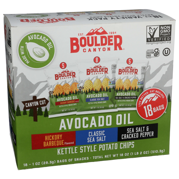 Boulder Canyon Avocado Oil Chips Variety Pack, 1 oz, 18 Bags/Box (26101) | Quill
