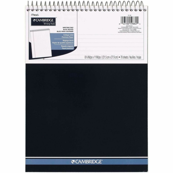 Cambridge® Stiff-Back Wire-Bound Notepad, Letter Size, College Rule, Navy