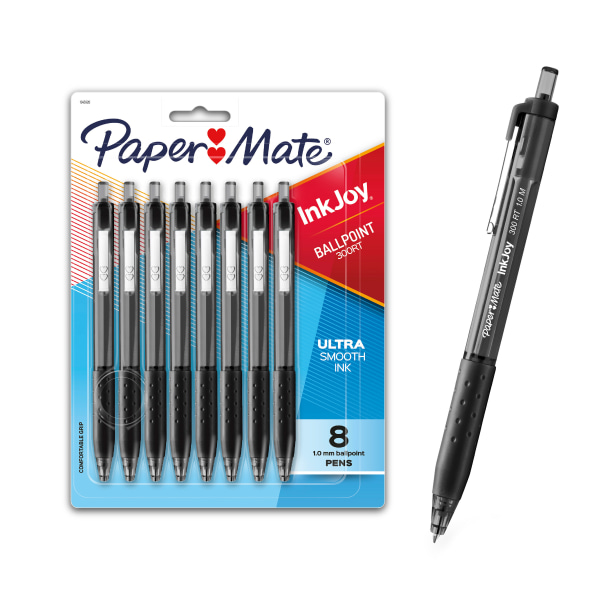 Paper Mate® 300RT Effortless Glide Ballpoint Pens, Medium Point, 1.0 mm, Transparent Barrels, Black Ink, 8 Count