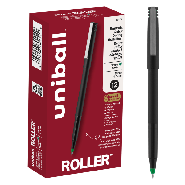 uni-ball Rollerball Pens, Micro Point, 0.5 mm, 80% Recycled, Black Barrel, Green Ink, Pack Of 12 Pens