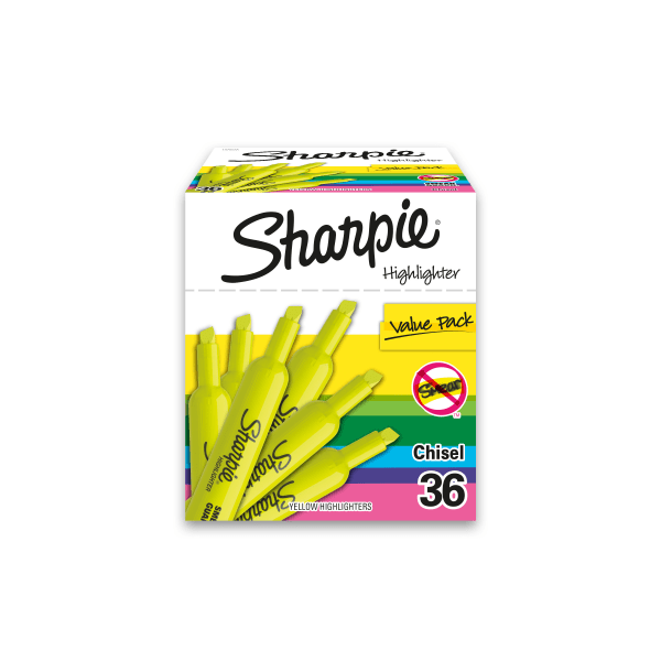 Sharpie Tank Style Highlighters  Chisel Tip  Fluorescent Yellow  Box of 36