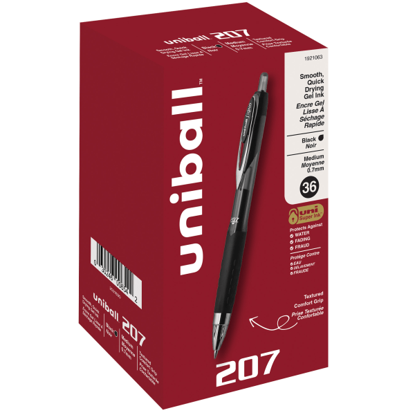 uni-ball 207 Retractable Fraud Prevention Gel Pens, Medium Point, 0.7 mm, Black Barrel, Black Ink, Pack Of 36