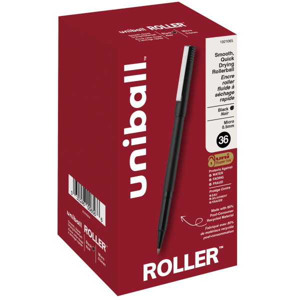 uni-ball Roller Micro Pens, Micro Point, 0.5 mm, Black Barrel, Black Ink, Pack Of 36