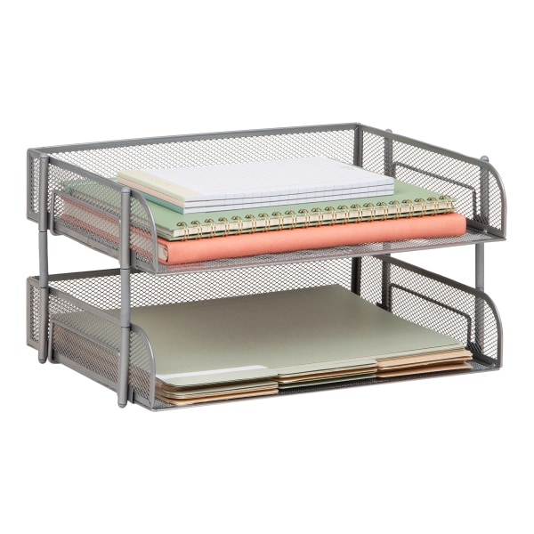 Mind Reader Stackable Desktop Organizer Paper Tray, 7-1/4"H x 10"W x 13-1/2"D, Silver, Set Of 2 Trays