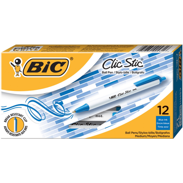 BIC Clic Stic Retractable Ball Pen  Medium Point  Blue  