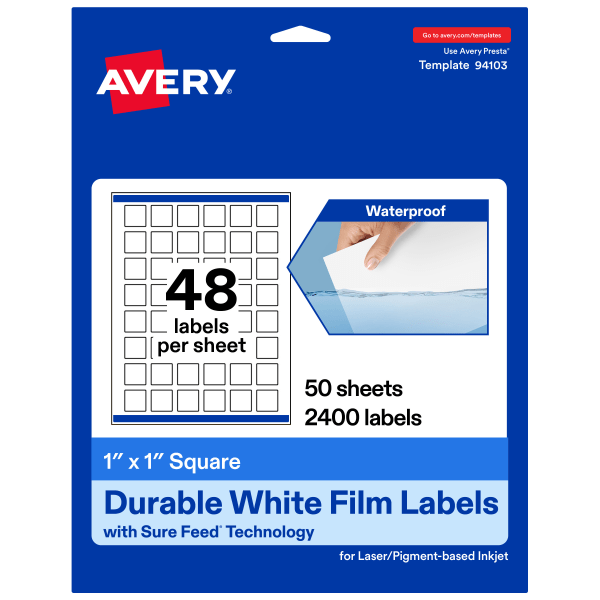 Avery® Waterproof Permanent Labels With Sure Feed®, 94103-WMF50, Square, 1" x 1", White, Pack Of 2,400