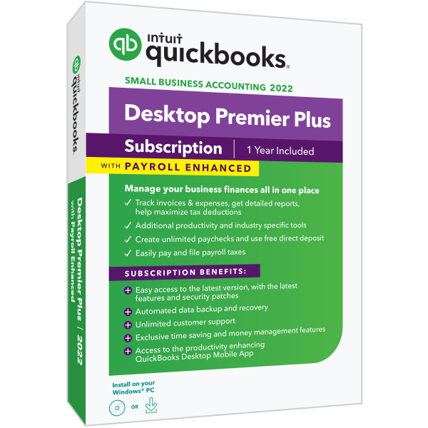 Intuit® QuickBooks® Desktop Premier Plus With Enhanced Payroll, 2022, 1-Year Subscription, For Windows®, Disc/Download