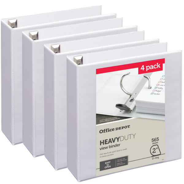 Office Depot® Heavy-Duty View 3-Ring Binder 2 D-Rings White 49% Recycled Pack Of 4