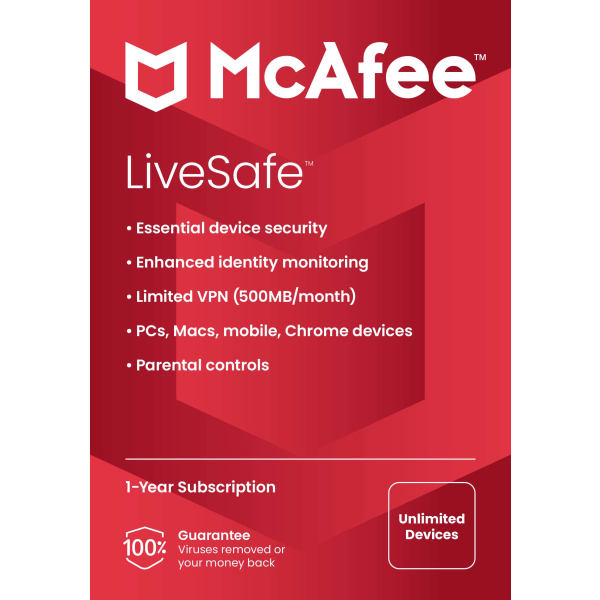 McAfee® LiveSafe AntiVirus & Internet Security Software, For Unlimited Devices, 1-Year Subscription, Windows®/Mac®/Android/iOS/ChromeOS, Product Key -  MLS21EODURAAM