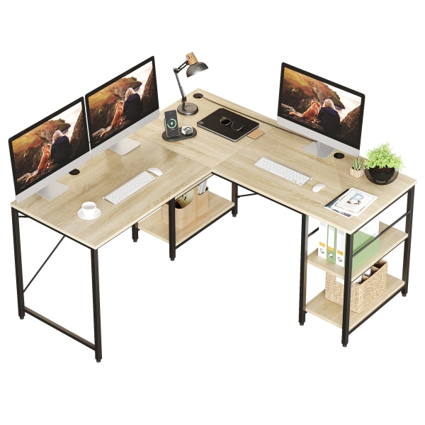 Photos - Office Desk Oak Bestier L-Shaped Corner Computer Desk With Storage Shelf, And Cable Manage 