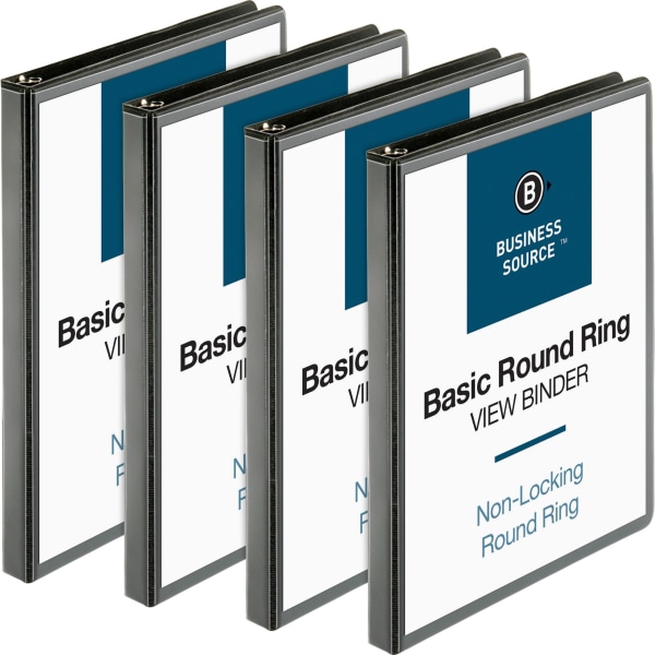 Business Source RounD-Ring View Binder, 1/2"" Ring, 8 1/2"" x 11"", Black, Pack Of 4 -  BSN09950BD