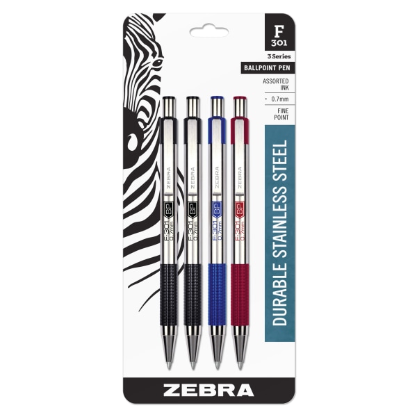Zebra® Pen F-301 Stainless Steel Retractable Ballpoint Pens, Pack Of 4, Fine Point, 0.7 mm, Silver Barrel, Assorted Ink Colors