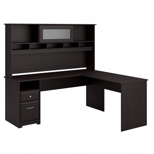 Bush Business Furniture 72""W Cabot L Shaped Corner Desk With Hutch And Drawers, Espresso Oak, Standard Delivery -  CAB053EPO