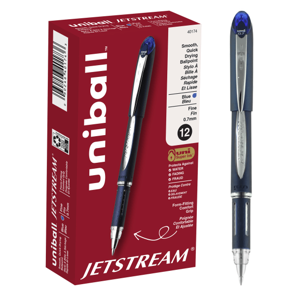 uni-ball Jetstream Ballpoint Pens, Fine Point, 0.7 mm, Blue Barrel, Blue Ink, Pack Of 12