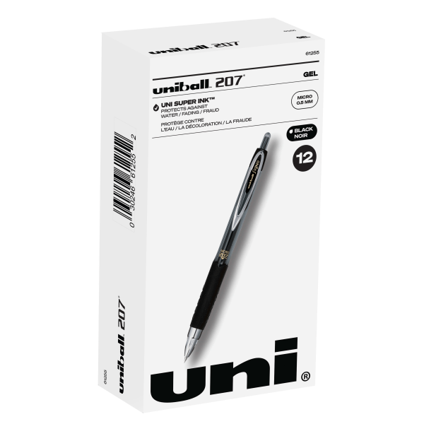 Uniball 207 Retractable Gel Pens  Micro Point (0.5mm)  Black Ink  12 Count