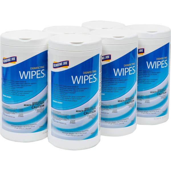 Genuine Joe Disinfecting Wipes - Ready-To-Use - Fresh Citrus Scent - 8" Length x 7" Width - Pre-moistened, Strong, Absorbent - White - 75/Tub - 6 / Ca