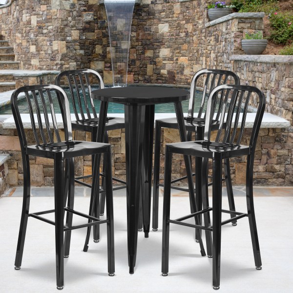 Flash Furniture Commercial Grade Round Metal Indoor-Outdoor Bar Table Set With 4 Vertical Slat Back Stools, 41""H x 24""W x 24""D, Black -  CH518BH430VBK