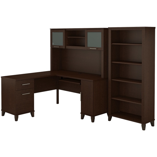 Bush Furniture Somerset L Shaped Desk With Hutch And 5 Shelf Bookcase, 60""W, Mocha Cherry, Standard Delivery -  SET010MR