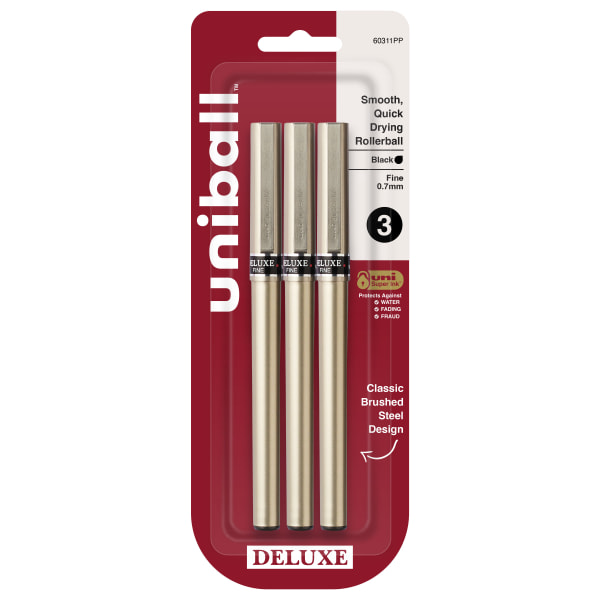 uni-ball Deluxe Rollerball Pens, Fine Point, 0.7 mm, Graphite Barrel, Black Ink, Pack Of 3