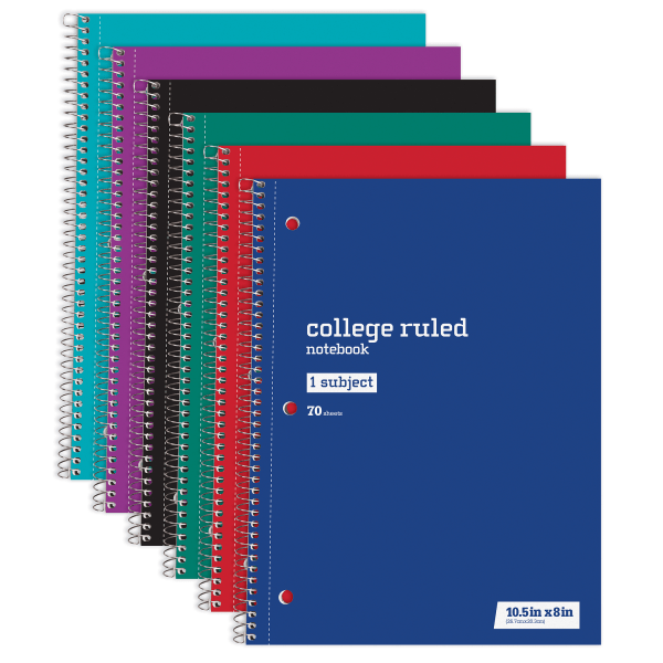 Just Basics® Wirebound Notebook, 8" x 10-1/2", College Ruled, 70 Sheets, Assorted Colors, Pack Of 6