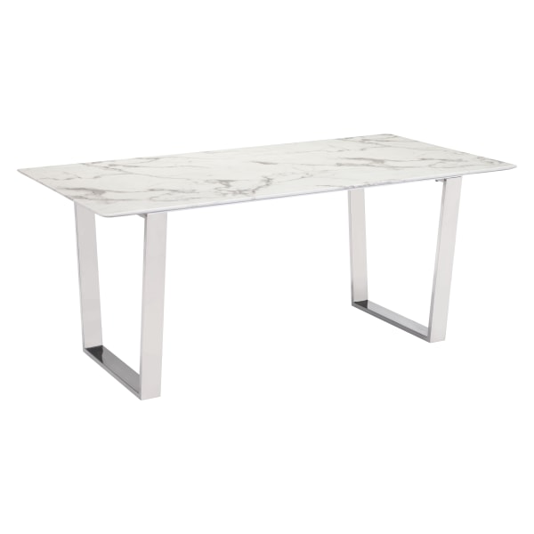 Zuo Modern Atlas Composite Stone And Stainless Steel Rectangle Dining Table, 29-3/4""H x 70-15/16""W x 35-7/16""D, White/Silver -  100707