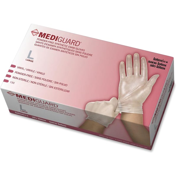 Medline MediGuard Vinyl Non-sterile Exam Gloves - Large Size - For Right/Left Hand - Clear - Powder-free, Latex-free, Durable, Beaded Cuff - For Multi -  MII6MSV513