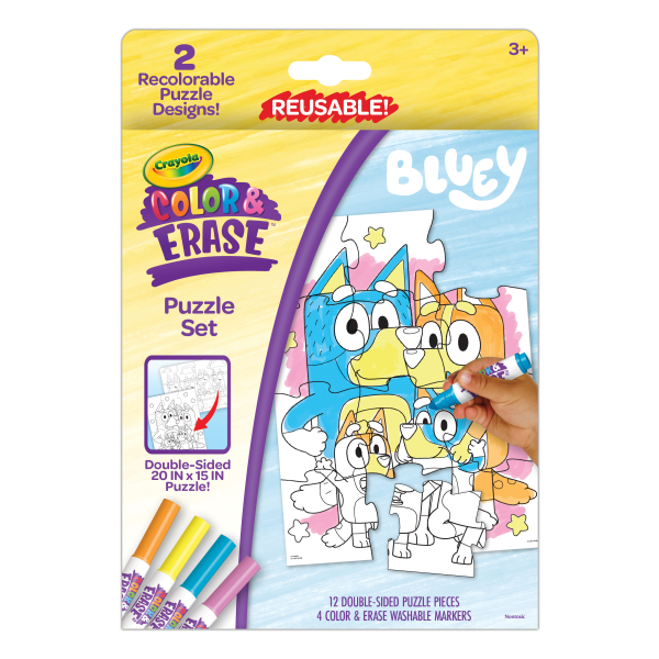 Crayola Color & Erase Bluey Puzzle Set, 12 Color In Puzzle Pieces, Reusable, Double Sided Kids Puzzle, Bluey Gift for Kids, 3+
