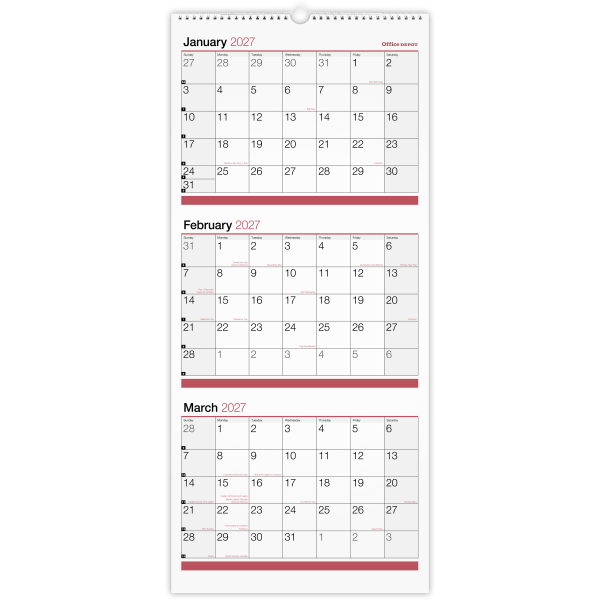 Office Depot Brand 3-Month Monthly Wall Calendar, 12" x 27", White, January 2027 to December 2027, OD30302827