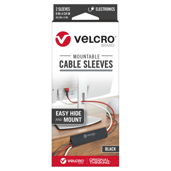 VELCRO Brand Cable Sleeve | Cord Management Mounts on Walls  Desk or Entertainment Center | Removable Adhesive is Damage Free | 8in Black  2pk  8in - 2Pk