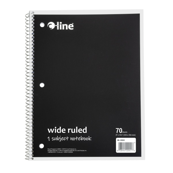 C-Line Wide Rule Spiral Notebooks, 8"" x 10-1/2"", 1 Subject, 70 Sheets, Black, Case Of 24 Notebooks -  22041-CT