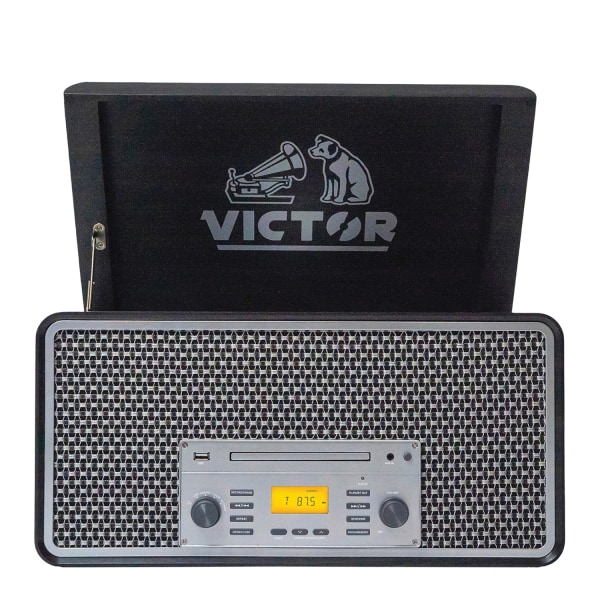 Victor Monument VWRP-5000 Dual-Bluetooth® Belt-Drive 8-In-1 Music Center With Turntable And AM/FM Radio, 8.7""H x 15""W x 18.9""D, Metallic -  VWRP-5000-GR