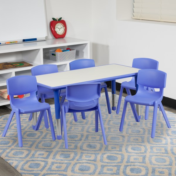 Flash Furniture Plastic Height-Adjustable Activity Table with 6 Chairs, 23-1/2""H x 23-5/8''W x 47-1/4''D, Blue -  YU-YCY-060-0036-RECT-TBL-BLUE-GG