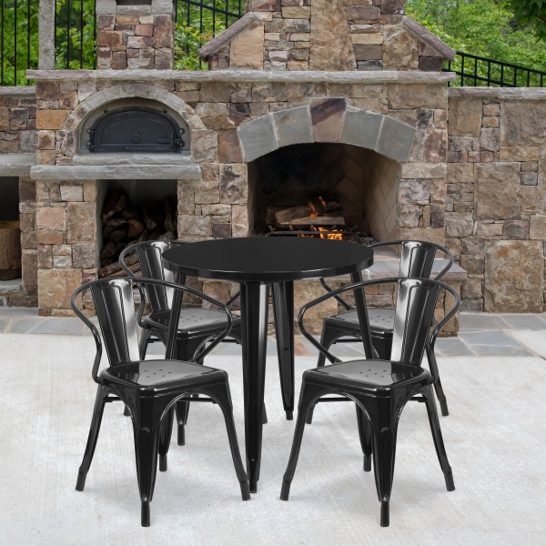 Flash Furniture Commercial Grade Round Metal Indoor-Outdoor Table & Curved-Back Chair Set, 29-1/2""H x 30""W x 30""D, Black, 5-Piece Set -  CH519TH418ABK