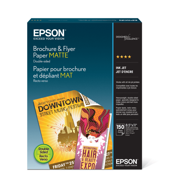Epson® Brochure & Flyer Paper, White, Letter (8.5" x 11"), 150 Sheets Per Pack, 48 Lb, 97 Brightness