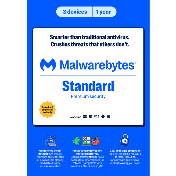 Malwarebytes Premium, For 3 Devices, 1-Year Subscription, For PC/Mac®/Android, Product Key