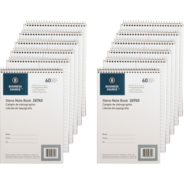 Business Source Steno Notebook - 60 Sheets - Wire Bound - Gregg Ruled Margin - 15 lb Basis Weight - 6"" x 9"" - White Paper - Stiff-back - 12 / Pack -  26740PK