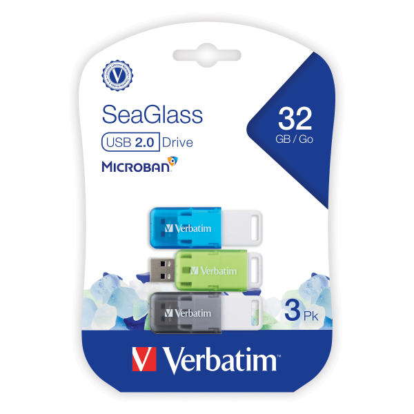 Verbatim® SeaGlass USB 2.0 Flash Drives, 32GB, Assorted Colors, Pack Of 3 -  71266