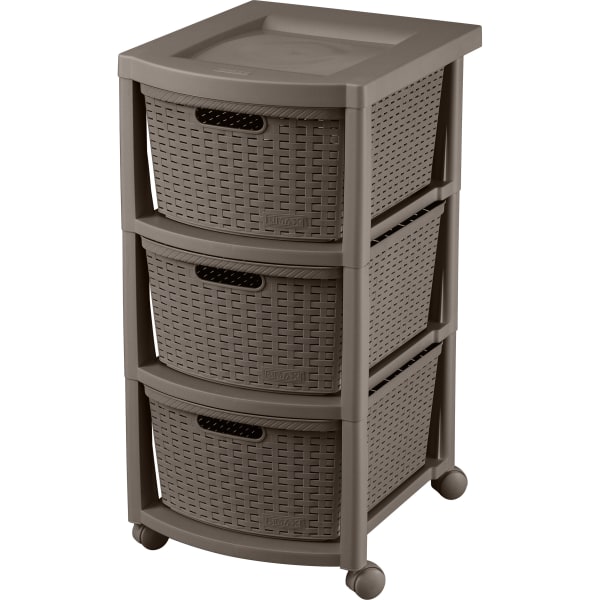 Rimax Plastic 3-Drawer Rolling Storage Cart, 26" x 12" x 15 7/16", Mocha