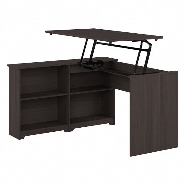 Bush Furniture Cabot 52W 3 Position Sit to Stand Corner Desk with Shelves in Heather Gray