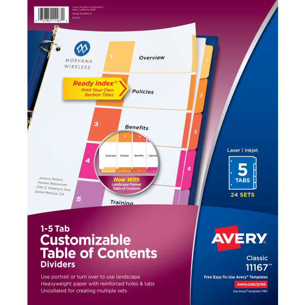 Avery® Ready Index® 1-5 Tab Binder Dividers With Customizable Table Of Contents, 8-1/2"" x 11"", 5 Tab, White/Multicolor, Pack Of 24 Sets -  11167