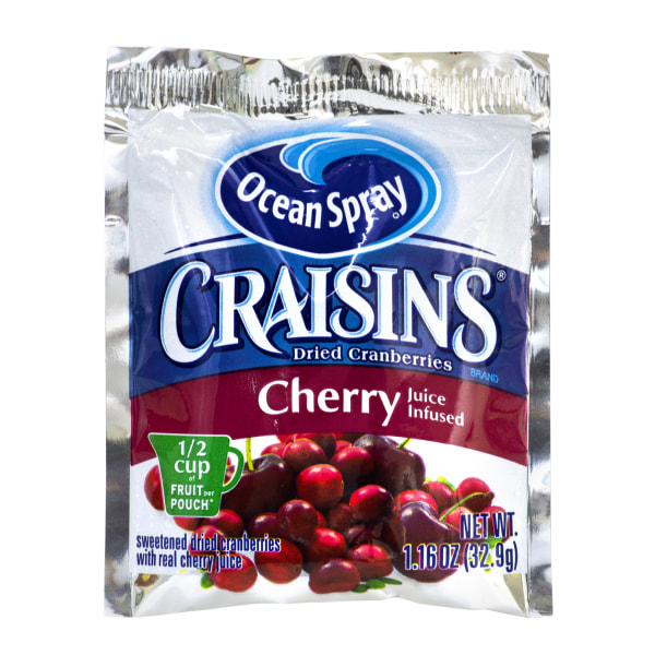 (BBD 02/24/25). Ocean Spray Craisins Gluten Free Cherry Dried Cranberries 1.16 oz. 3 Packs/Box (307-00077)