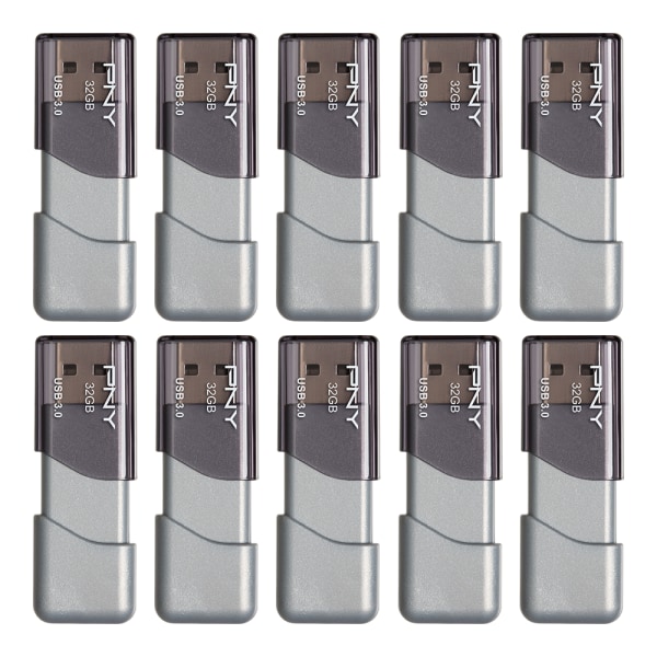 PNY Turbo Attach&eacute; 3 USB 30 Flash Drives 32GB Silver Pack Of 10 Flash Drives